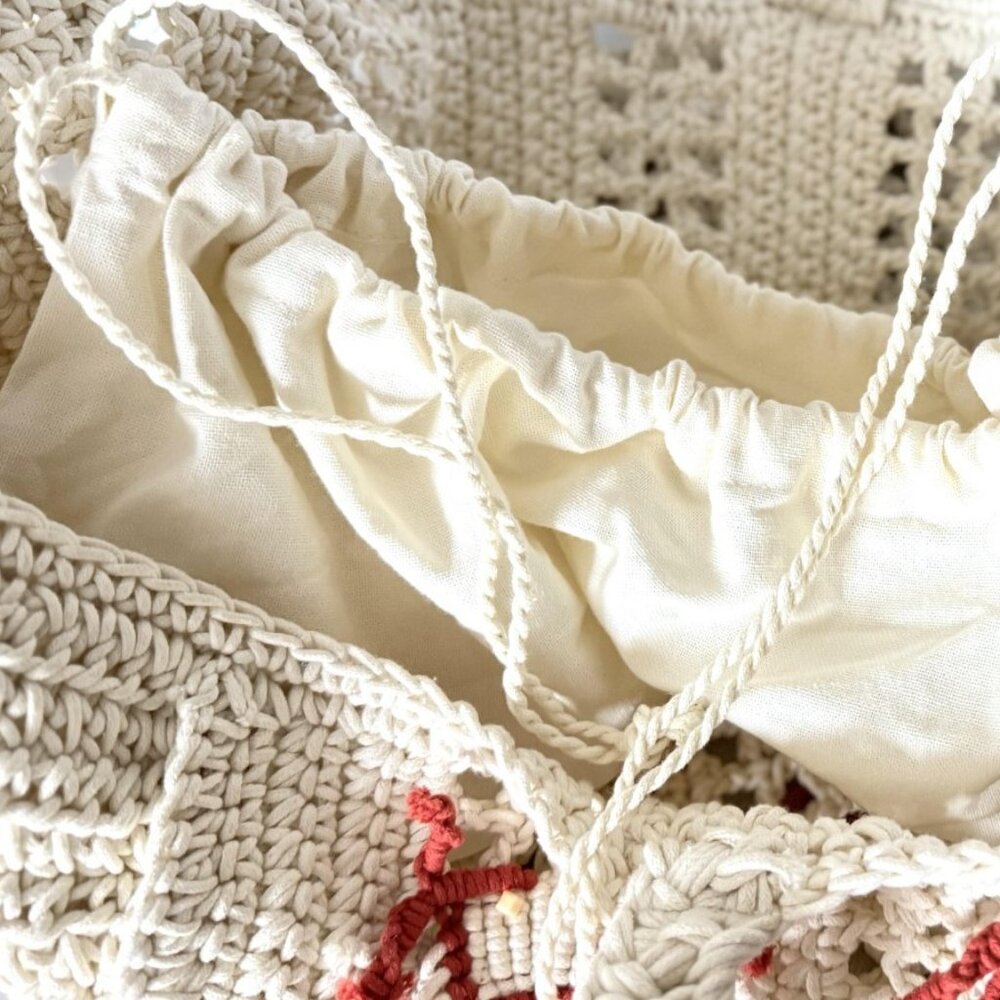 Handmade Crochet Cotton Beach Bag Crab Satchel Jumbo Tote Nautical Red White NWT - Picture 5 of 13
